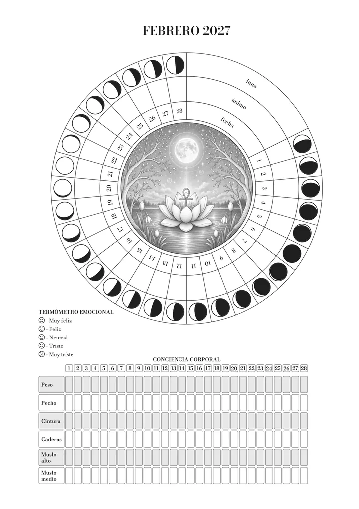 Página de febrero en el journal: la rueda del mes (luna, ánimo y día) alrededor de la ilustración, el termómetro emocional y el registro ayurvédico del cuerpo. Ilustración de febrero: una flor de loto sobre el agua bajo la luna llena.