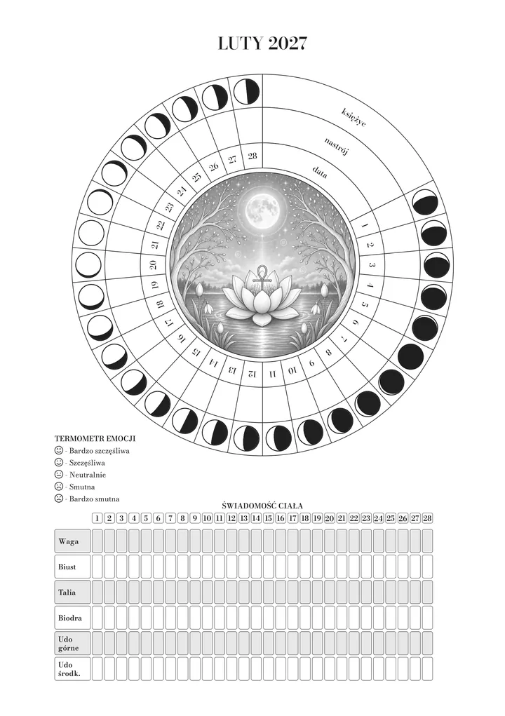 Strona otwierająca luty w dzienniku: koło miesiąca (księżyc, nastrój i dzień) wokół ilustracji, termometr emocji i ajurwedyjne obserwacje ciała. Ilustracja lutego: kwiat lotosu na wodzie w blasku pełni księżyca.