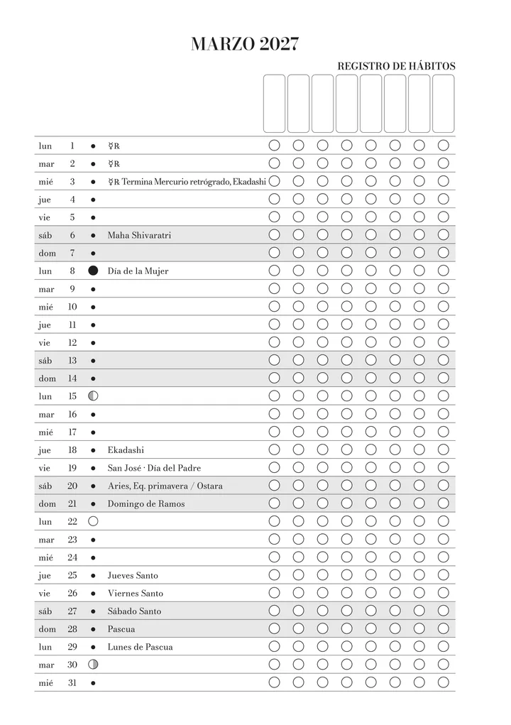 Registro de hábitos de marzo en el journal: cada día del mes con su fase lunar, las fechas señaladas y casillas para tus hábitos.