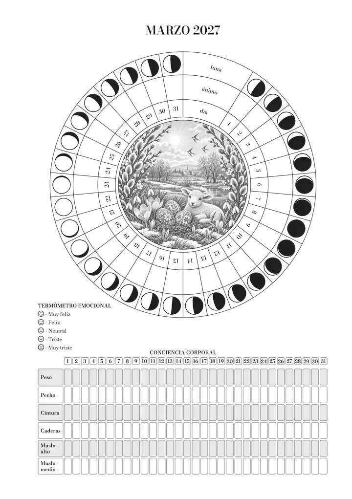 Página de marzo en el journal: la rueda del mes (luna, ánimo y día) alrededor de la ilustración, el termómetro emocional y el registro ayurvédico del cuerpo. Ilustración de marzo: un cordero, huevos en un nido y ramas en flor en un paisaje de primavera.