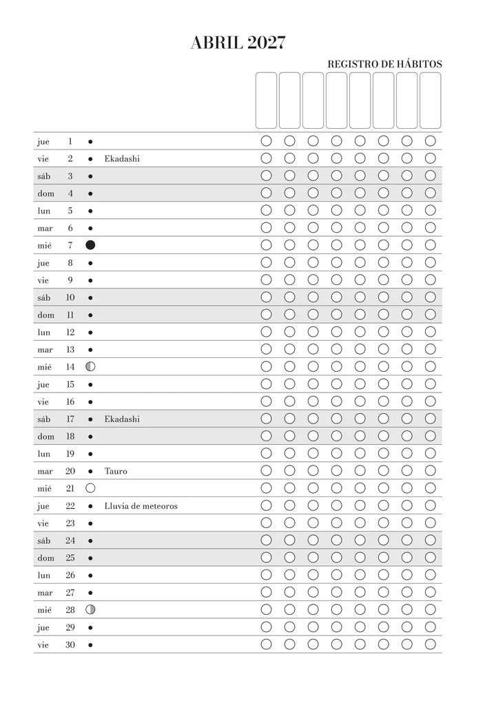 Registro de hábitos de abril en el journal: cada día del mes con su fase lunar, las fechas señaladas y casillas para tus hábitos.