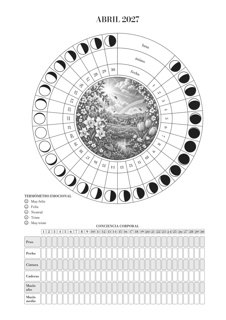 Página de abril en el journal: la rueda del mes (luna, ánimo y día) alrededor de la ilustración, el termómetro emocional y el registro ayurvédico del cuerpo. Ilustración de abril: narcisos, tulipanes y flores junto a un río.