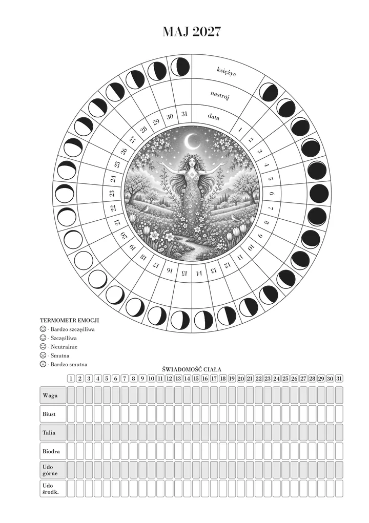 Strona otwierająca maj w dzienniku: koło miesiąca (księżyc, nastrój i dzień) wokół ilustracji, termometr emocji i ajurwedyjne obserwacje ciała. Ilustracja maja: kobieca postać z rozpostartymi ramionami na kwitnącej łące pod księżycem.