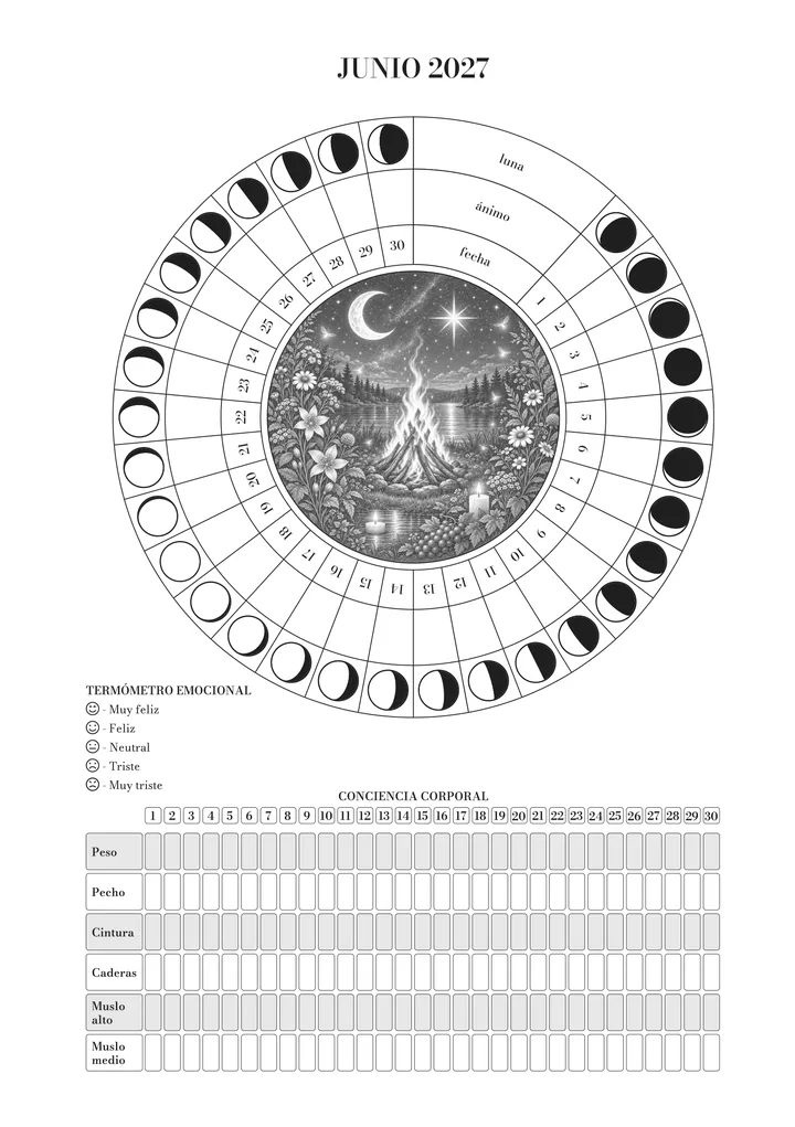 Página de junio en el journal: la rueda del mes (luna, ánimo y día) alrededor de la ilustración, el termómetro emocional y el registro ayurvédico del cuerpo. Ilustración de junio: una hoguera junto a un lago de noche, con flores y velas.