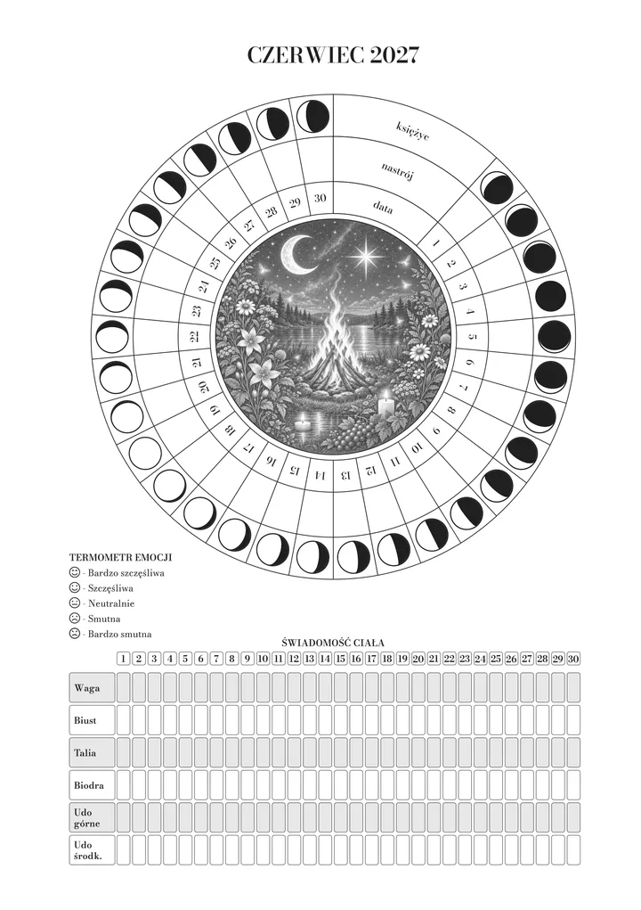 Strona otwierająca czerwiec w dzienniku: koło miesiąca (księżyc, nastrój i dzień) wokół ilustracji, termometr emocji i ajurwedyjne obserwacje ciała. Ilustracja czerwca: ognisko nocą nad jeziorem, wśród kwiatów i świec.