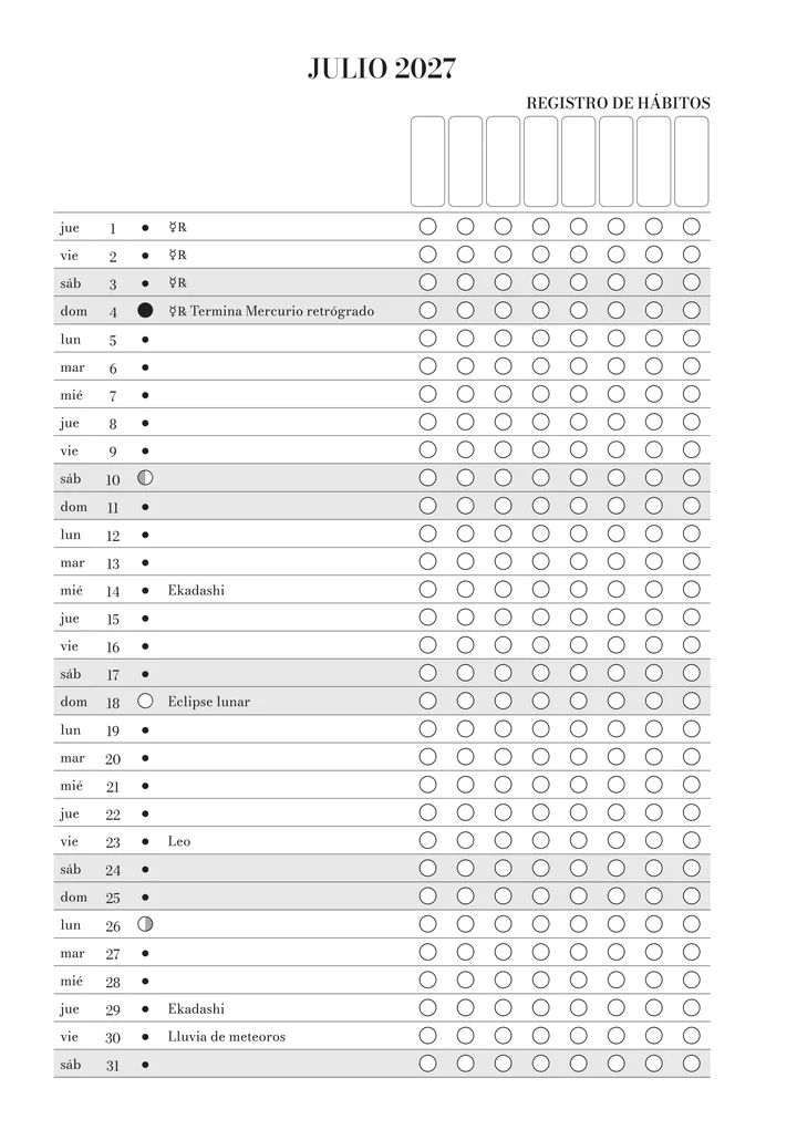 Registro de hábitos de julio en el journal: cada día del mes con su fase lunar, las fechas señaladas y casillas para tus hábitos.