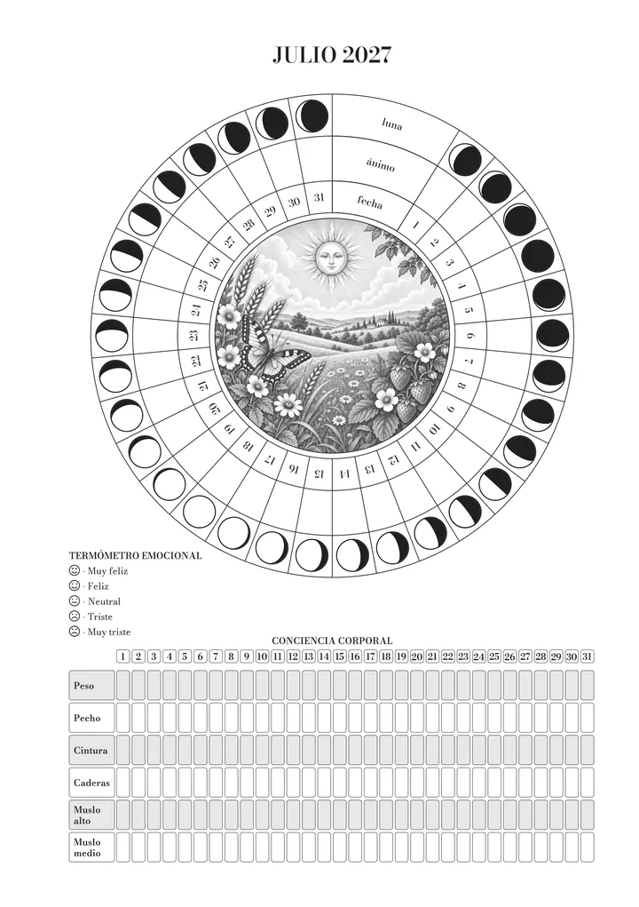 Página de julio en el journal: la rueda del mes (luna, ánimo y día) alrededor de la ilustración, el termómetro emocional y el registro ayurvédico del cuerpo. Ilustración de julio: girasoles, trigo y una golondrina bajo un sol radiante.