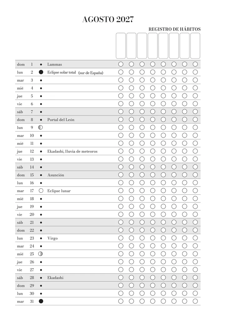 Registro de hábitos de agosto en el journal: cada día del mes con su fase lunar, las fechas señaladas y casillas para tus hábitos.