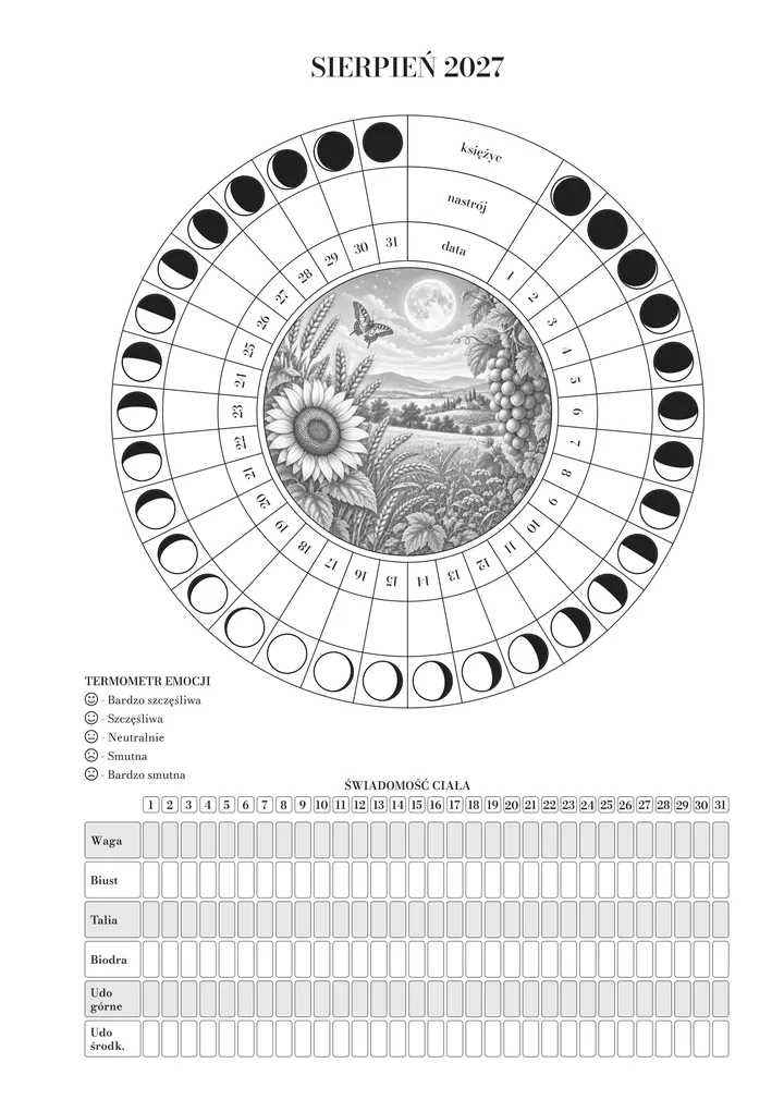 Strona otwierająca sierpień w dzienniku: koło miesiąca (księżyc, nastrój i dzień) wokół ilustracji, termometr emocji i ajurwedyjne obserwacje ciała. Ilustracja sierpnia: słonecznik, kłosy, winogrona i motyl w blasku pełni księżyca.
