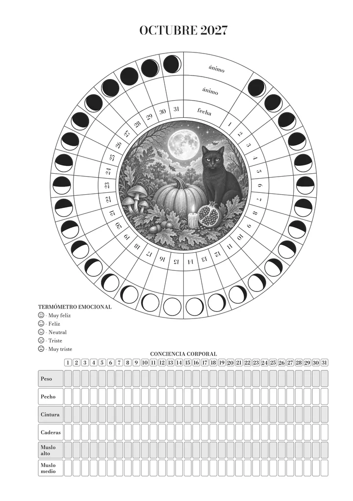 Página de octubre en el journal: la rueda del mes (luna, ánimo y día) alrededor de la ilustración, el termómetro emocional y el registro ayurvédico del cuerpo. Ilustración de octubre: un gato negro, una calabaza, setas y una granada bajo la luna llena.