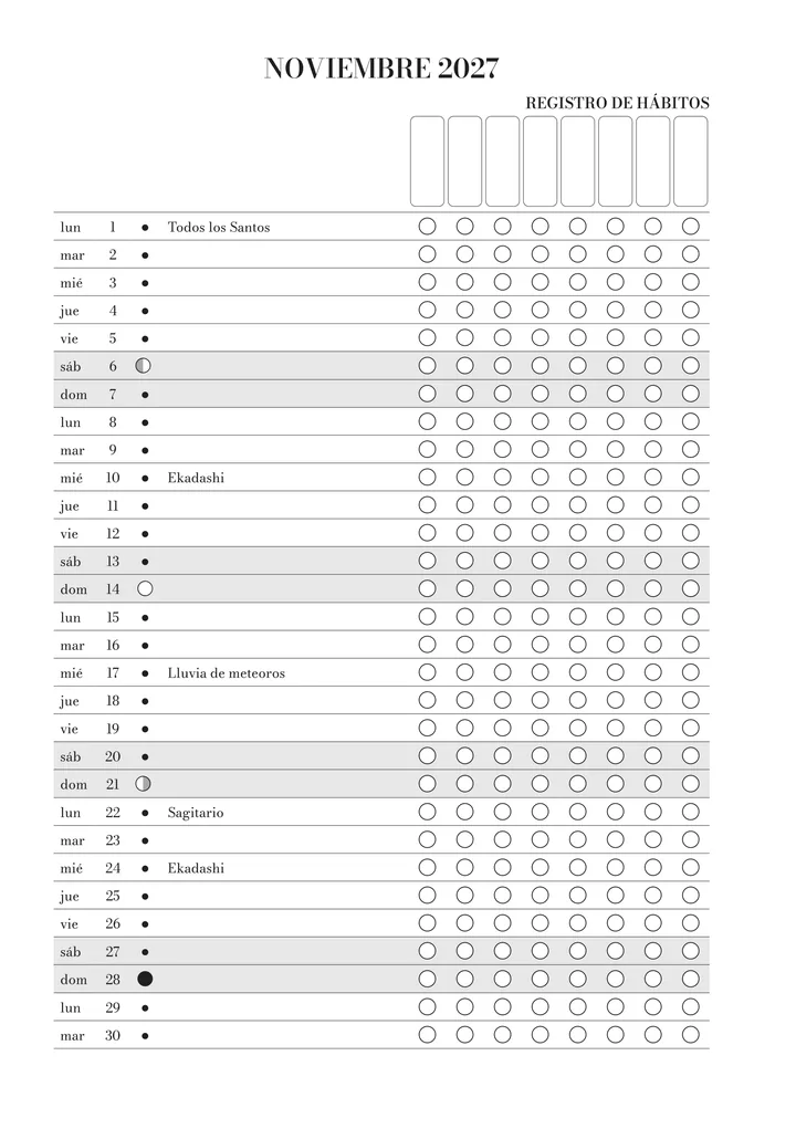 Registro de hábitos de noviembre en el journal: cada día del mes con su fase lunar, las fechas señaladas y casillas para tus hábitos.