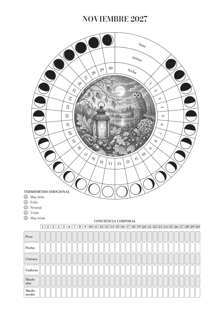 Página de noviembre en el journal: la rueda del mes (luna, ánimo y día) alrededor de la ilustración, el termómetro emocional y el registro ayurvédico del cuerpo. Ilustración de noviembre: un farol, hojas caídas y un búho bajo la luna.