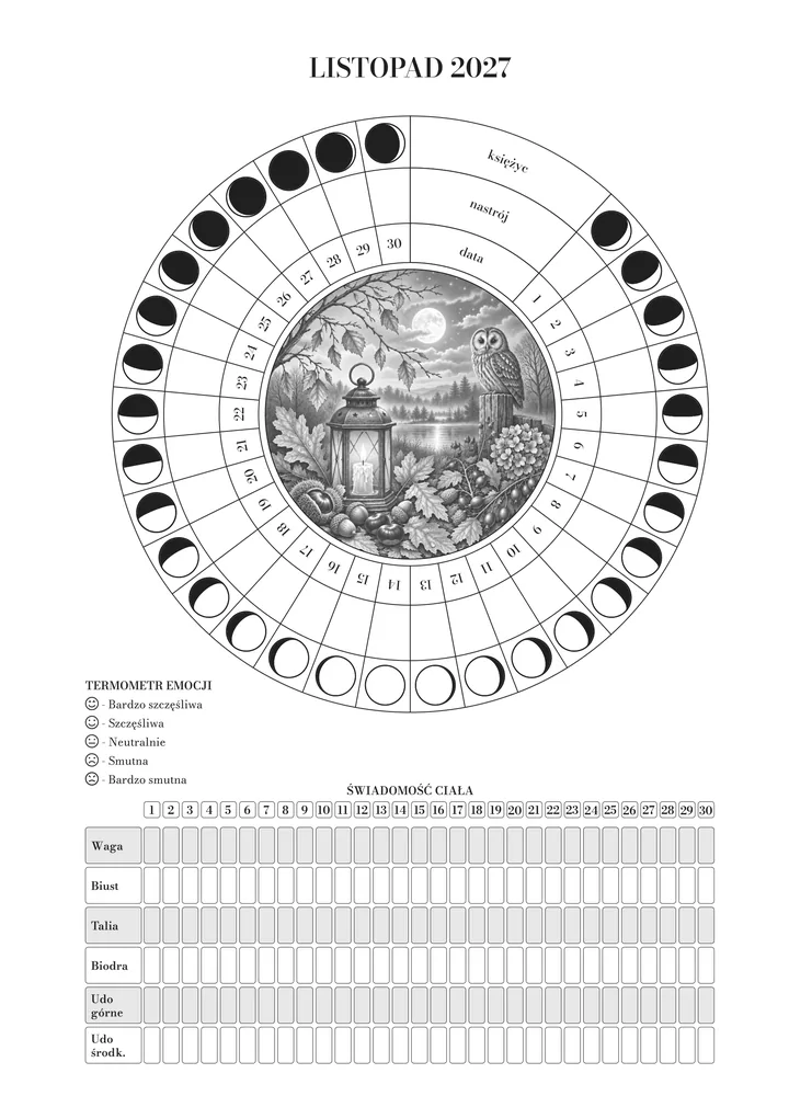 Strona otwierająca listopad w dzienniku: koło miesiąca (księżyc, nastrój i dzień) wokół ilustracji, termometr emocji i ajurwedyjne obserwacje ciała. Ilustracja listopada: latarnia, opadłe liście i sowa pod księżycem.