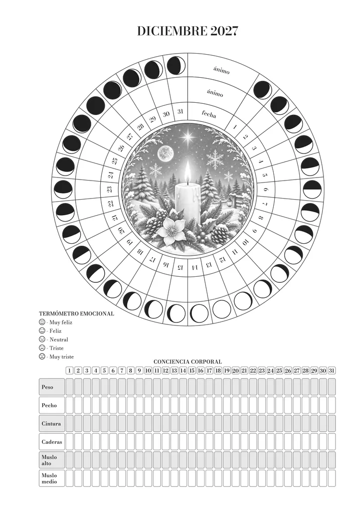 Página de diciembre en el journal: la rueda del mes (luna, ánimo y día) alrededor de la ilustración, el termómetro emocional y el registro ayurvédico del cuerpo. Ilustración de diciembre: una vela encendida entre ramas de abeto, piñas y copos de nieve.