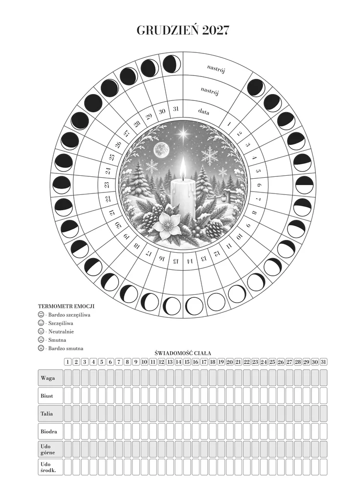 Strona otwierająca grudzień w dzienniku: koło miesiąca (księżyc, nastrój i dzień) wokół ilustracji, termometr emocji i ajurwedyjne obserwacje ciała. Ilustracja grudnia: zapalona świeca wśród gałązek jodły, szyszek i płatków śniegu.
