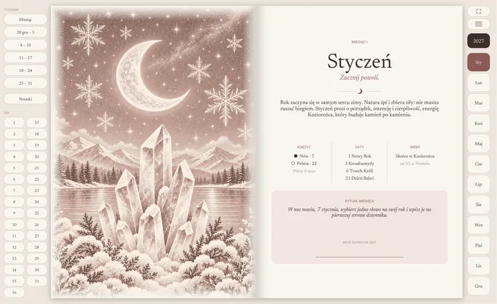 Styczeń na tablecie: po lewej ilustracja miesiąca – sierp księżyca nad kryształami, jezioro i ośnieżone góry; po prawej „Zacznij powoli.”, fazy księżyca, daty, niebo, rytuał miesiąca i miejsce na „Moje słowo na 2027”.
