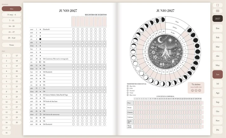 Junio en la tablet: el registro de hábitos del mes y, al lado, la rueda de la luna con el ánimo de cada día.