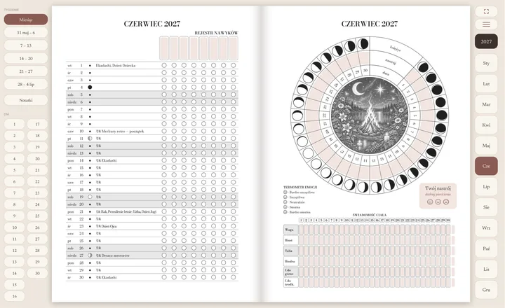 Czerwiec 2027 na tablecie: rejestr nawyków na cały miesiąc, a obok koło księżyca z nastrojem każdego dnia, termometr emocji i świadomość ciała.