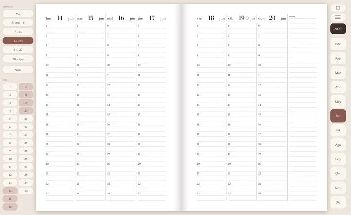 La semana del 14 al 20 de junio en la tablet: de lunes a domingo, con las horas de 6 a 23 y una columna de notas; a la izquierda, los botones de las semanas y los días del mes.