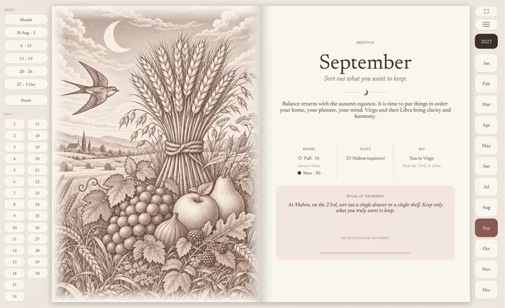 September on the tablet: on the left, the month’s illustration, a sheaf of wheat with fruit and a swallow; on the right, ‘Sort out what you want to keep’, with its moons, dates, sky and ritual of the month.