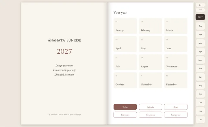 ‘Your year’ on the tablet: the twelve months, each one a link, and buttons for Today, Calendar, Goals, Free notes, How to use and Year review.
