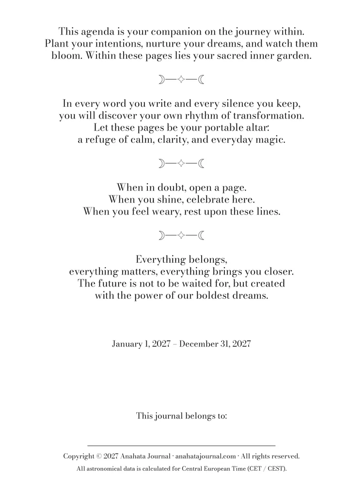 First page of Anahata Sunrise 2027: the journal’s words of welcome and the dates from 1 January to 31 December 2027.