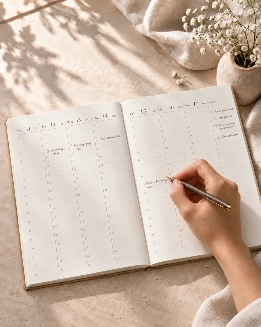 Anahata Sunrise open at the week of 11 to 17 January, with an hourly column for each day and handwritten plans: “Client meeting – Anna”, “Morning yoga class”, “Final presentation” and “Mum’s birthday dinner”.